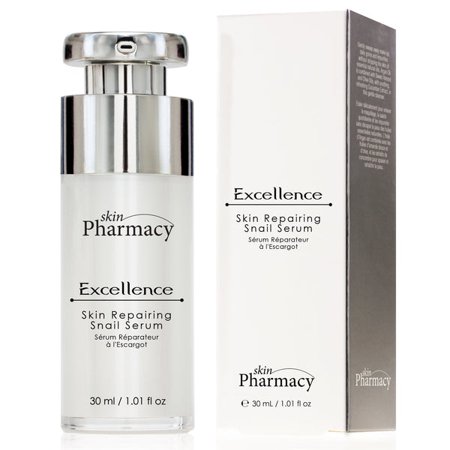 Clear glass bottle with a silver pump top, containing 30ml of snail serum, alongside a sleek white and silver box labeled "Excellence Skin Repairing Snail Serum" by skinChemists.