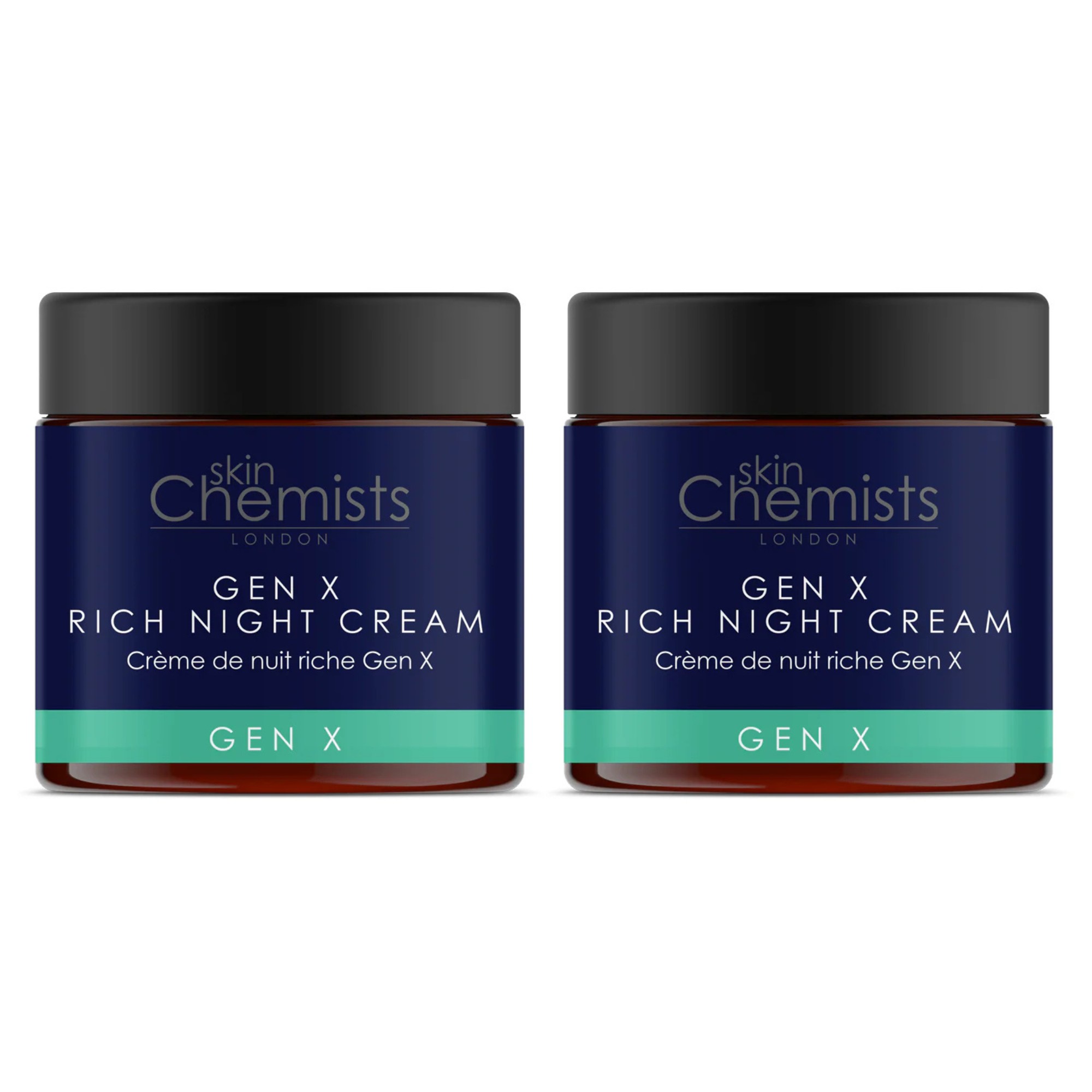 Two jars of SkinChemists Professional Gen X Rich Night Cream, each 60ml, featuring a dark blue label with white text and a teal accent, presented in a sleek, modern design.