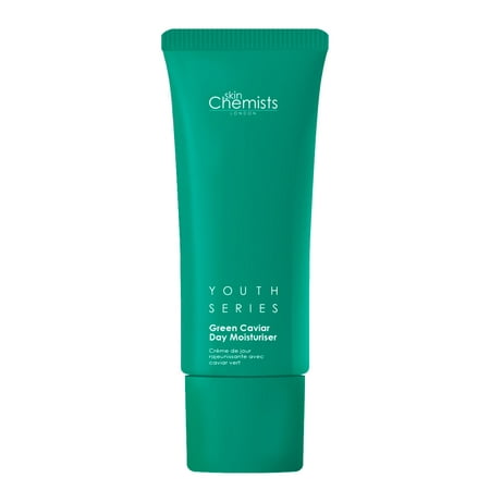 Green tube of Skinchemists Youth Series Green Caviar Day Moisturiser, 30ml, featuring a sleek design with white text and a flip-top cap.