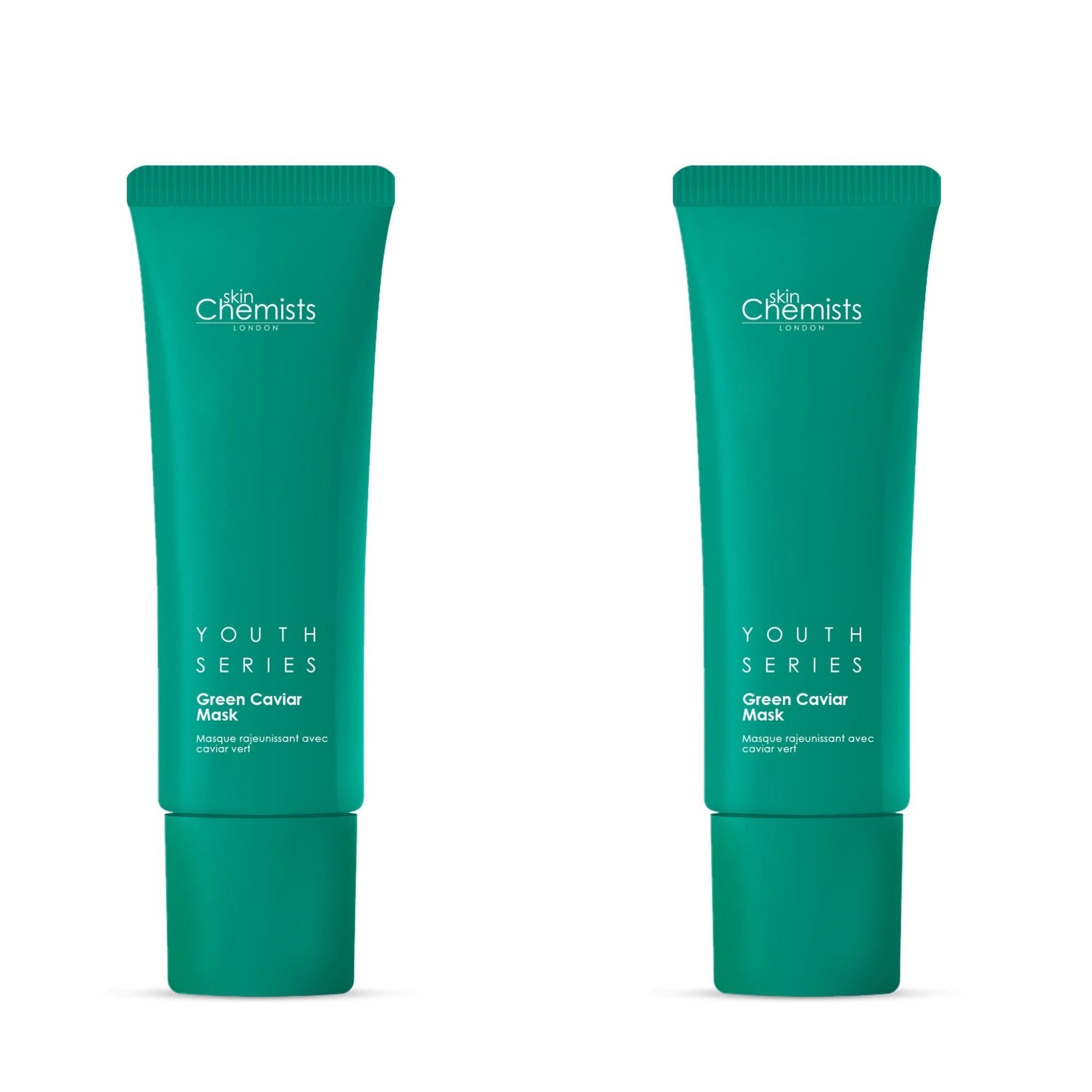 Two teal tubes of SkinChemists Women's Youth Series Green Caviar Mask, each 50ml, featuring a sleek design with white text on a vibrant green background.