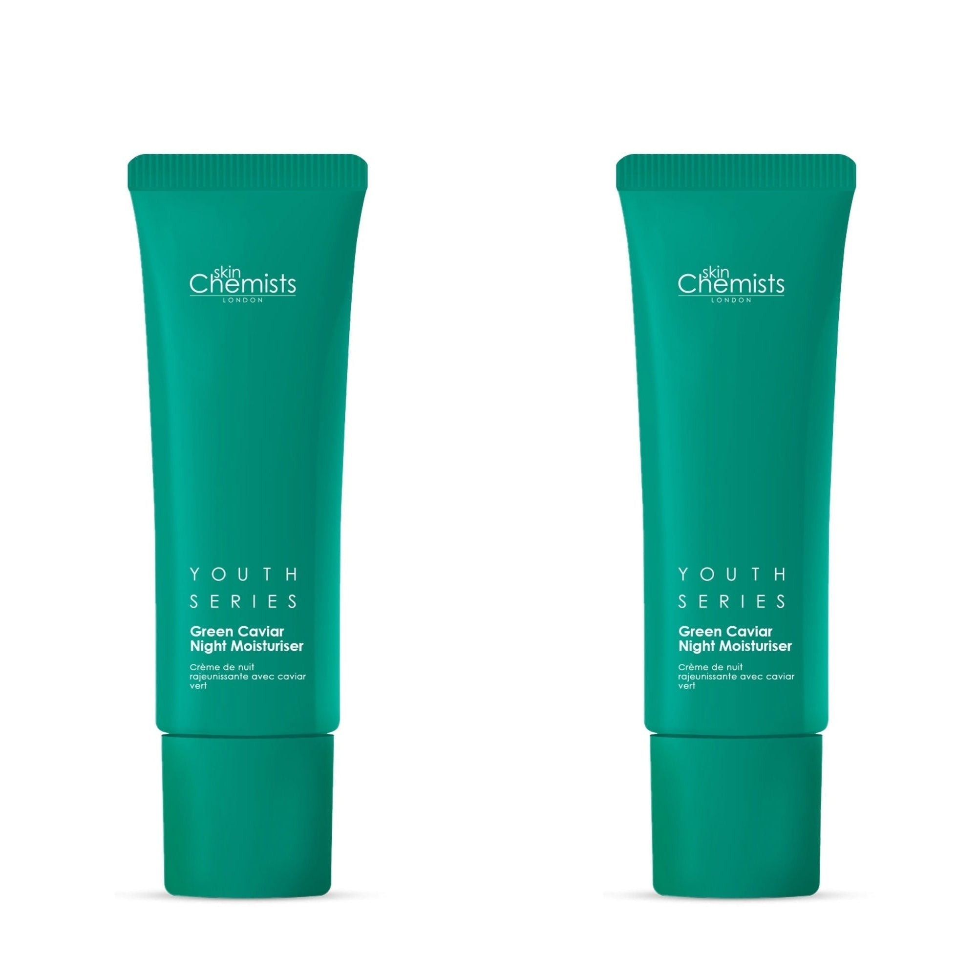 Two 50ml tubes of SkinChemists Youth Series Green Caviar Night Moisturiser, featuring a vibrant teal color with a sleek design and white text on the packaging.