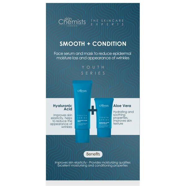 White packaging featuring the SkinChemists logo, showcasing a blue tube labeled "Hyaluronic Acid Mask" and a blue bottle labeled "Hyaluronic Acid Facial Serum," both part of the Youth Series.