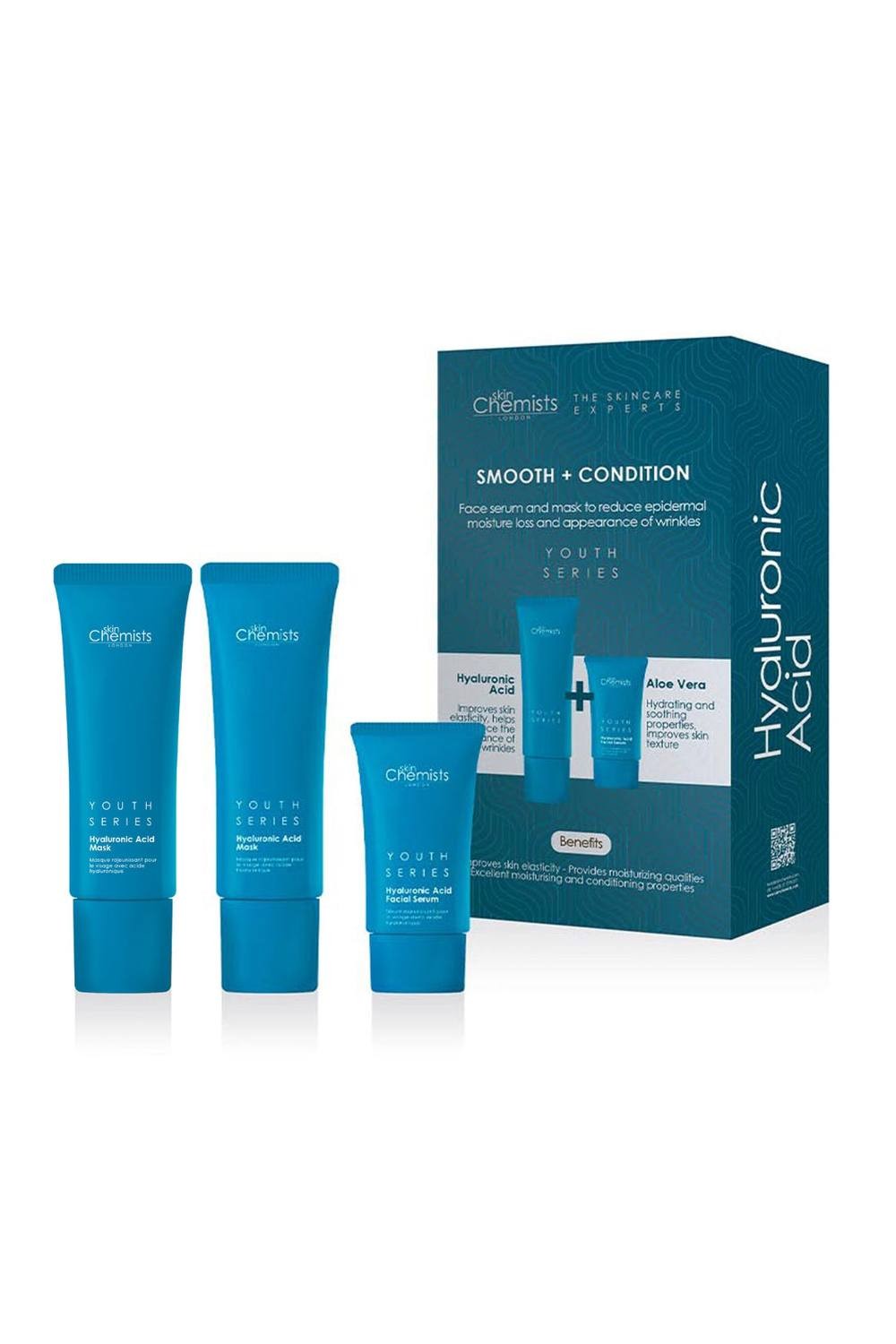 Hyaluronic Acid Smooth & Condition Kit by skinChemists featuring two blue tubes and a small cream, all in a white box with product details and benefits listed.