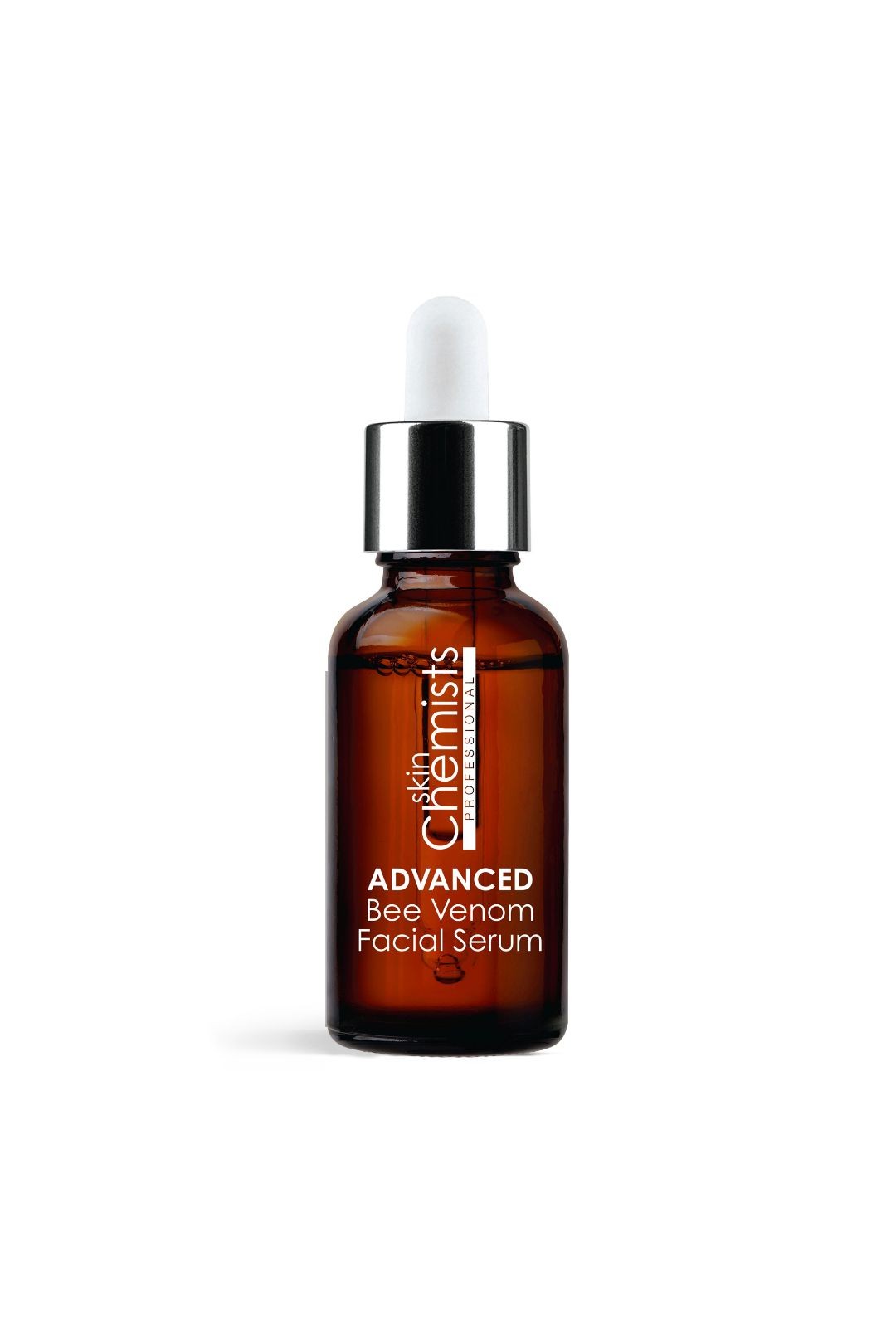 Brown glass dropper bottle with a white pipette, labeled "skinChemists Professional Pro-5 Collagen Bee Venom Facial Serum 30Ml" in white and orange text.