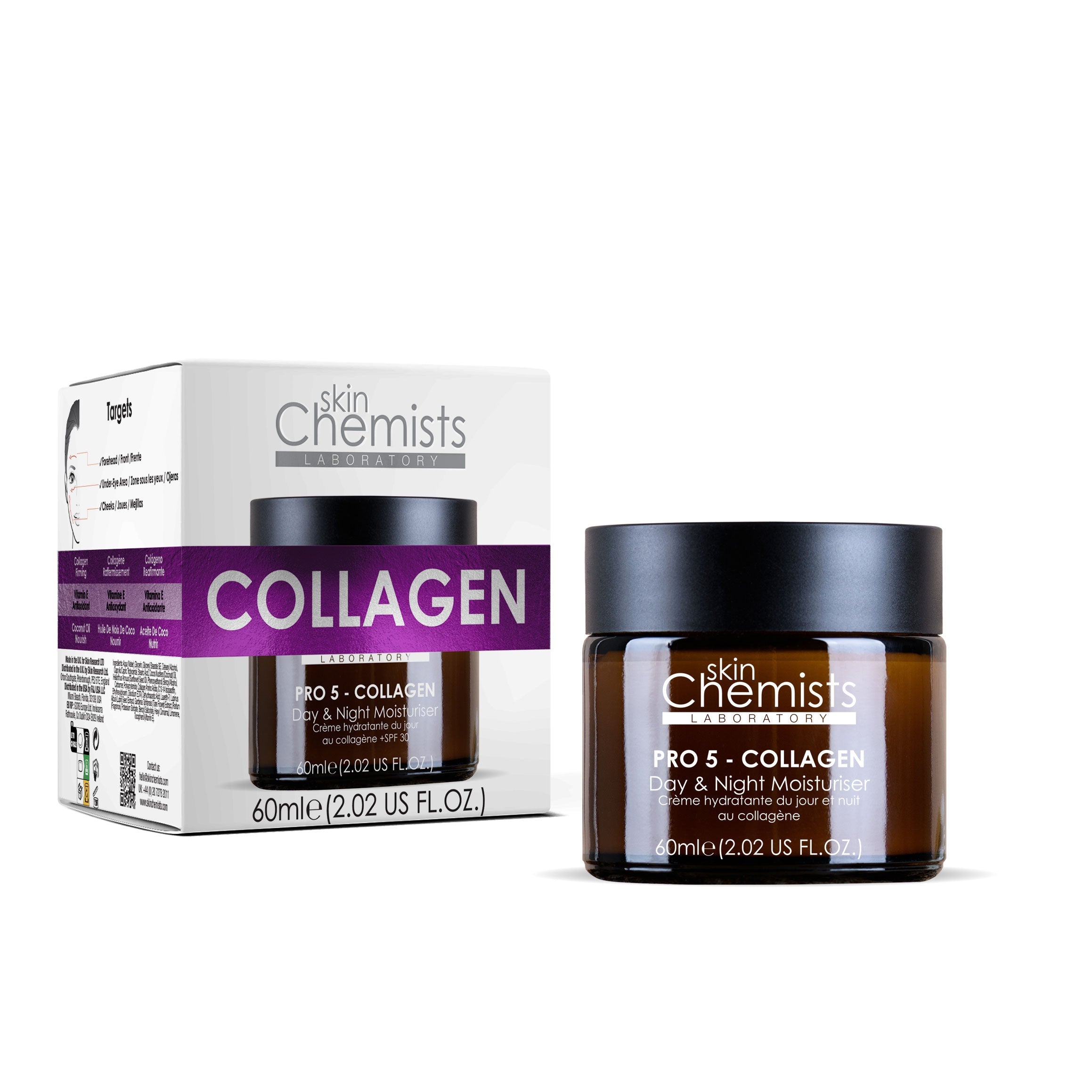 White box with "COLLAGEN" in bold pink text, containing a 60ml glass jar of SkinChemists Pro-5 Collagen Day & Night Moisturizer, featuring a black lid and clear label.