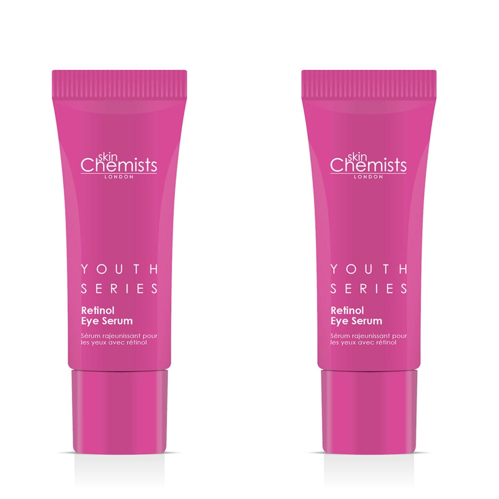 Two pink tubes of Skinchemists Youth Series Retinol & Bakuchiol Eye Serum, each 15ml, featuring white text and a sleek design, presented in a duo pack.