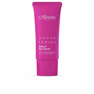 Bright pink tube of Skinchemists Youth Series Retinol Eye Serum, 15ml, featuring bold white text and a sleek design, emphasizing youthful skin benefits.