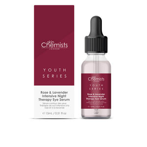 Clear glass dropper bottle with a white lid, containing 15ml of rose and lavender eye serum, alongside a maroon and white box labeled "Youth Series" by skinChemists.