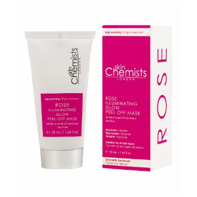 White tube of SkinChemists Professional Rose Illuminating Glow Peel Off Mask, 50ml, with a pink label featuring product details and a matching pink box.