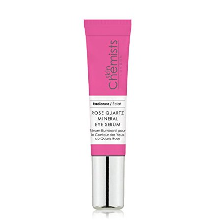 Bright pink tube of Skinchemists Professional Rose Quartz Mineral Eye Serum, featuring a silver cap and white label with product details, designed for illuminating the eye area.