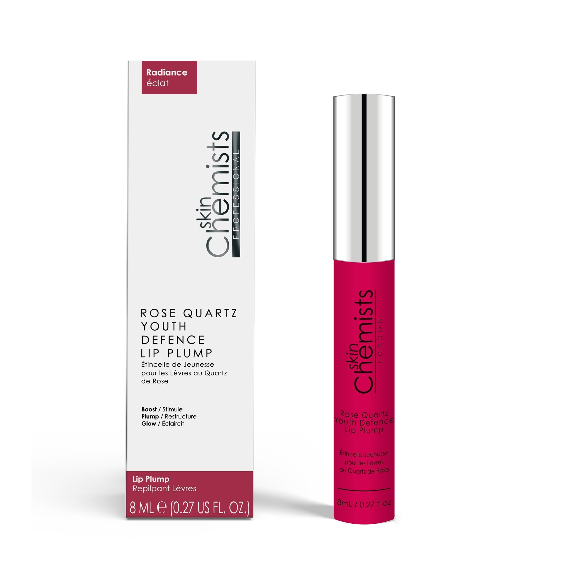 SkinChemists Rose Quartz Youth Defense Lip Plump in a sleek, clear tube with a vibrant pink applicator, packaged in a white box featuring elegant black text, 8ml size.