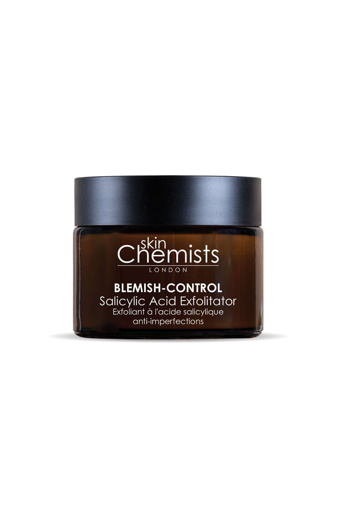 Professional Women's Salicylic Acid Blemish-Control Exfoliator in a dark brown jar with a black lid, labeled with white text, featuring a sleek and modern design.