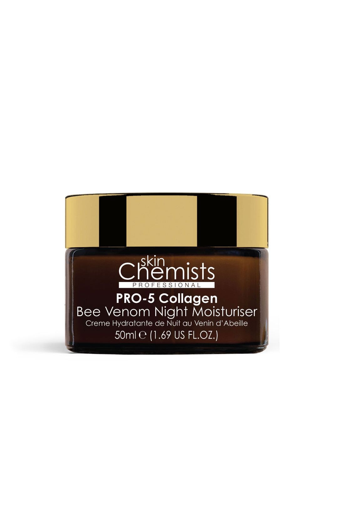 Brown glass jar with a gold lid, labeled "PRO-5 Collagen Bee Venom Night Moisturiser" in white text, containing 50ml of product.