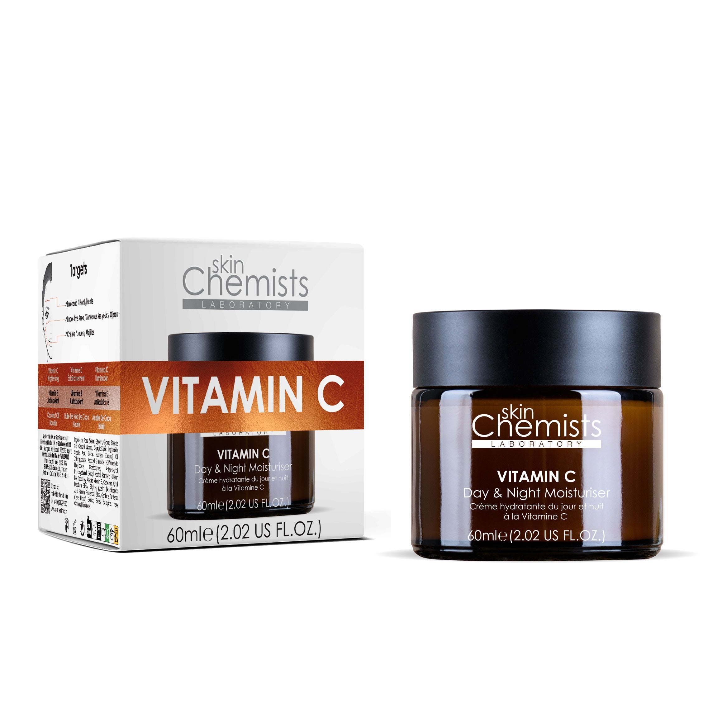 White box with "Vitamin C" in bold orange text, containing a dark amber jar of Skinchemists Professional Vitamin C Brightening Day Moisturiser, 60ml, with a black lid.