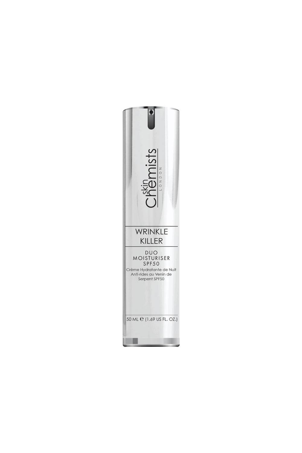 White cylindrical bottle with a silver pump, labeled "SkinChemists Professional Women's Wrinkle Killer SPF 50 Duo Moisturiser 50ml" prominently displayed.
