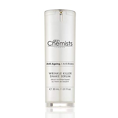 Clear glass bottle with a sleek silver pump, labeled "Wrinkle Killer Snake Serum" in white and black text, containing 30ml of anti-aging serum.