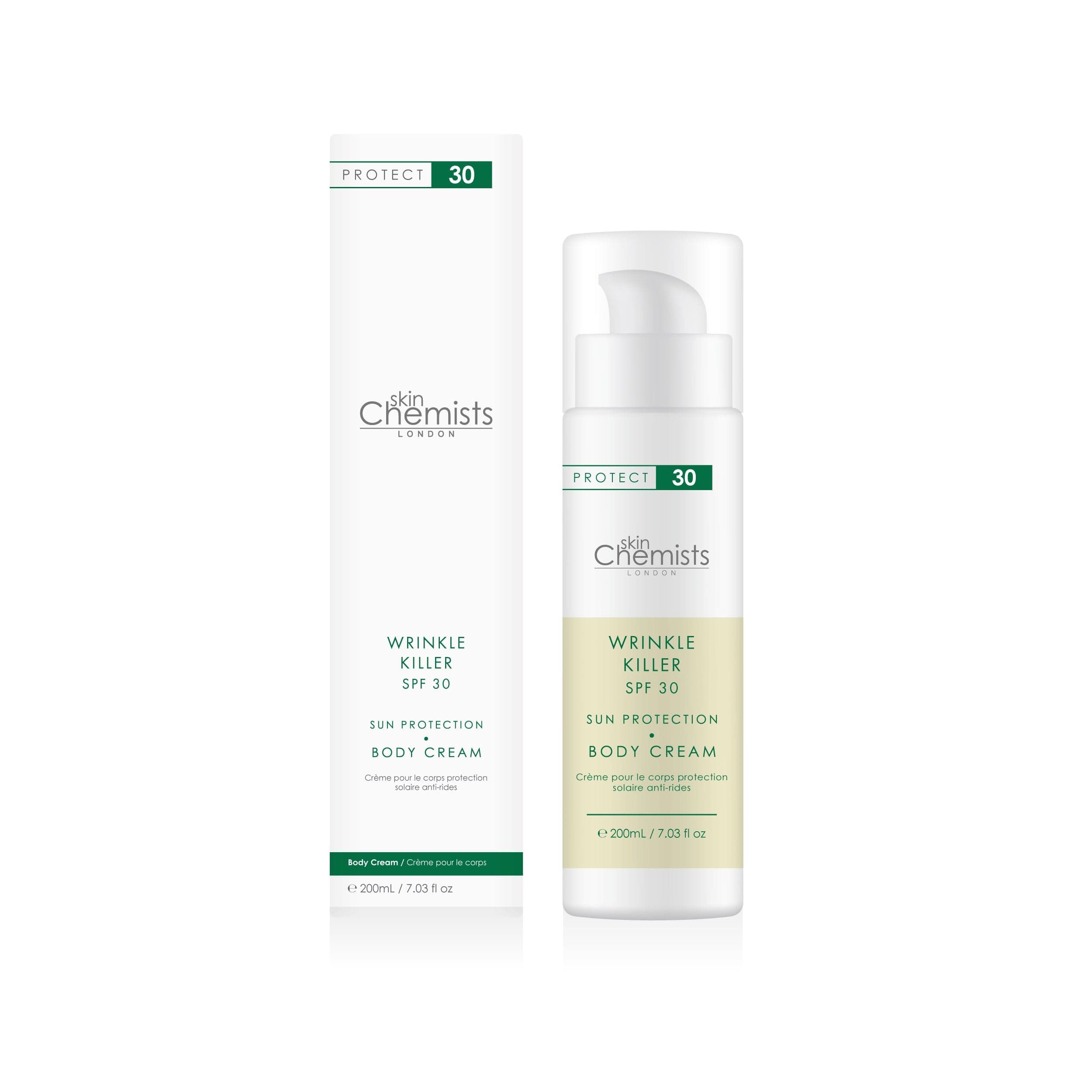 White tube and box packaging for Skinchemists Professional Wrinkle Killer Sun Protection Body Cream SPF 30, featuring a pump dispenser and green accents, 200ml size.