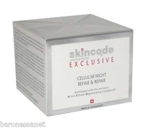 White square box with a silver lid, featuring red and gray text, labeled "Skincode Exclusive Cellular Night Refine & Repair," indicating a 50ml anti-aging cream.