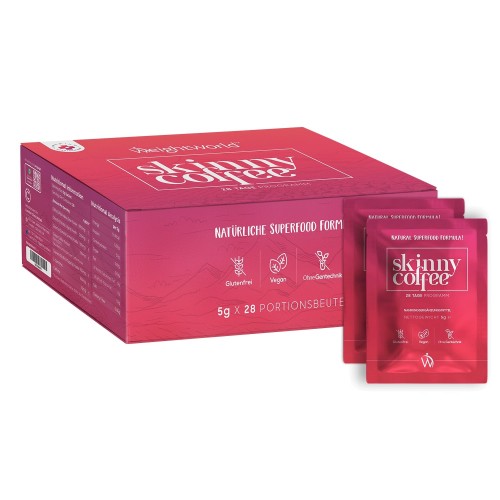 Bright pink box labeled "Skinny Coffee" with white text, containing 28 individual sachets, each 5g, featuring non-roasted Arabian beans and low-calorie details.