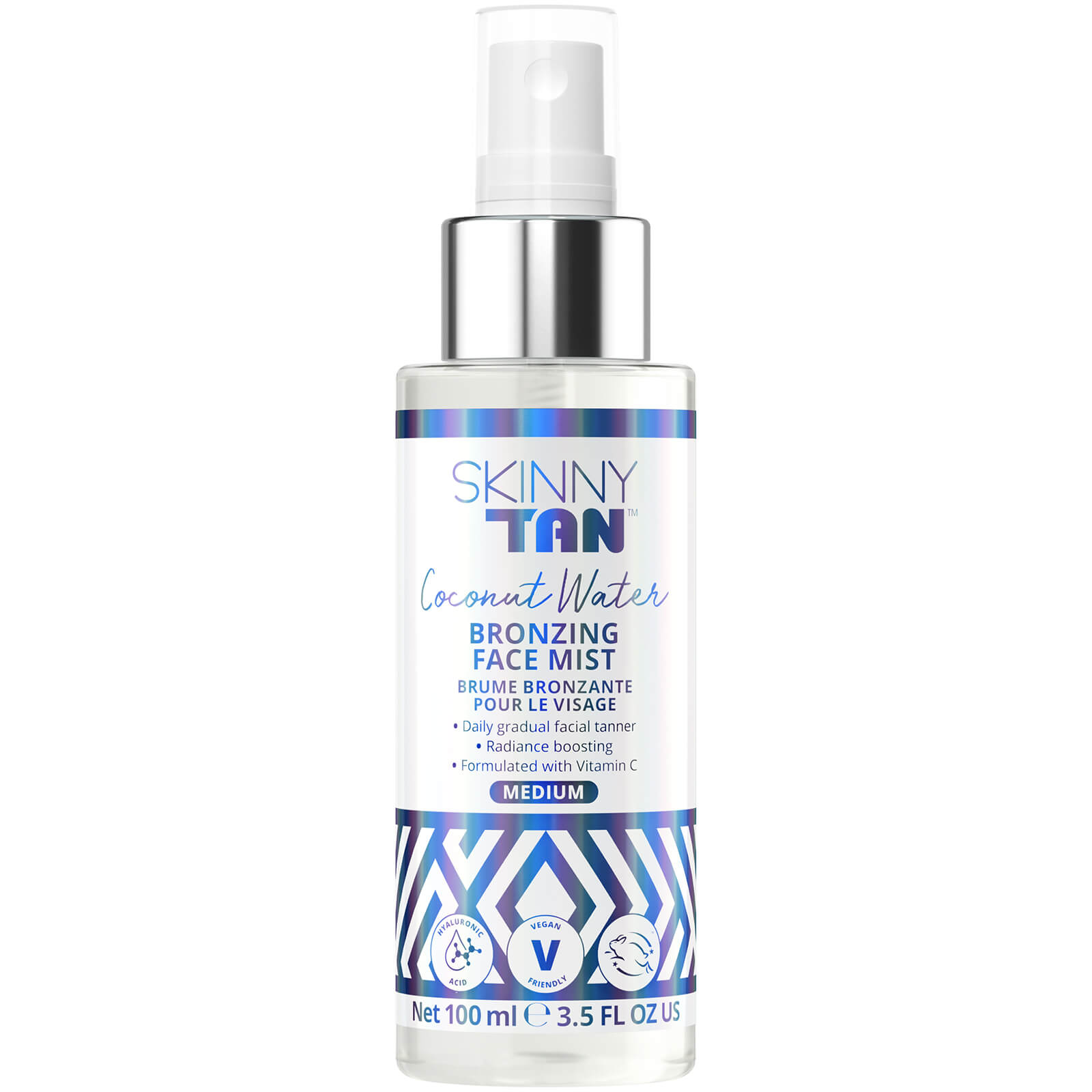Clear spray bottle with a white and blue design, featuring "Skinny Tan" branding, labeled "Coconut Water Bronzing Face Mist," 100ml, with a spray nozzle and a medium shade indication.