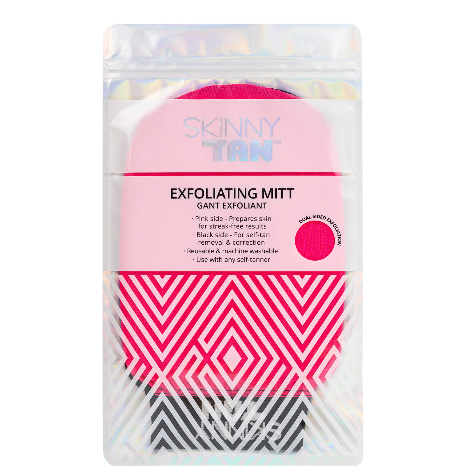 Pink and black exfoliating mitt with a geometric design, featuring a dual-sided texture for self-tanner removal, packaged in a holographic bag.
