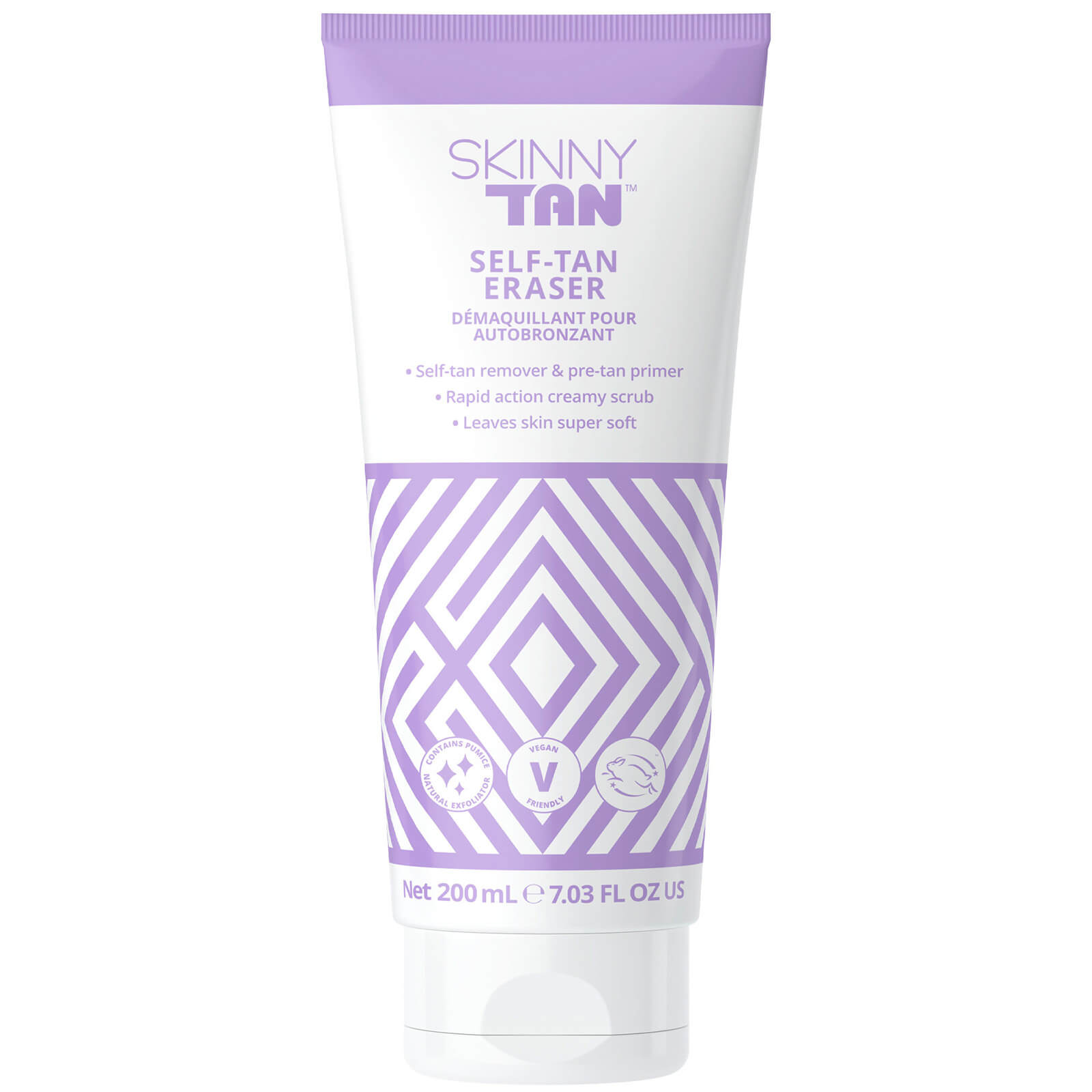 White tube with a lavender cap, featuring a geometric design and label that reads "Skinny Tan Self-Tan Eraser 200ml," highlighting its creamy scrub formula for removing self-tan.