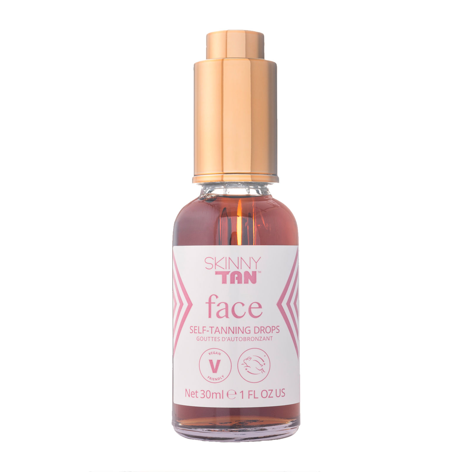 Skinny Tan Notox Face Tanning Drops in a clear glass bottle with a gold pump cap, featuring a pink and white label, 30ml size for gradual self-tanning.