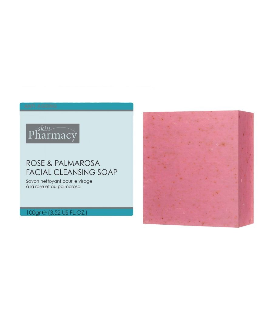 SkinPharmacy Rose Facial Cleansing Soap in a pink rectangular bar, packaged in a light blue box with white text, labeled for facial cleansing with rose and palmarosa.