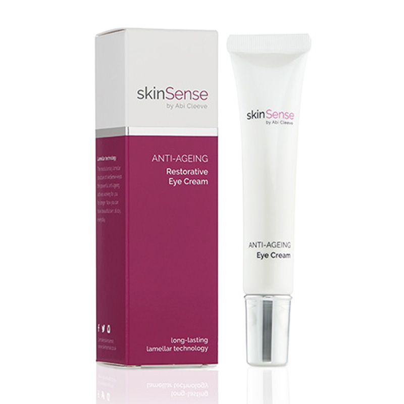 Skinsense Anti-Ageing Restorative Cream in a sleek white tube with a silver nozzle, packaged in a purple and white box featuring product details and branding.