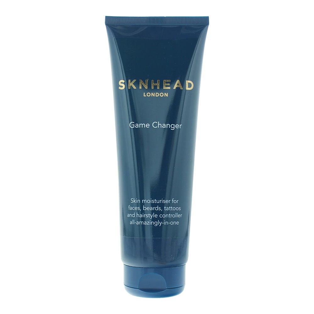 Dark blue tube with gold lettering, labeled "SKNHEAD LONDON Game Changer," designed for moisturizing skin, beards, tattoos, and hair, 250ml size.
