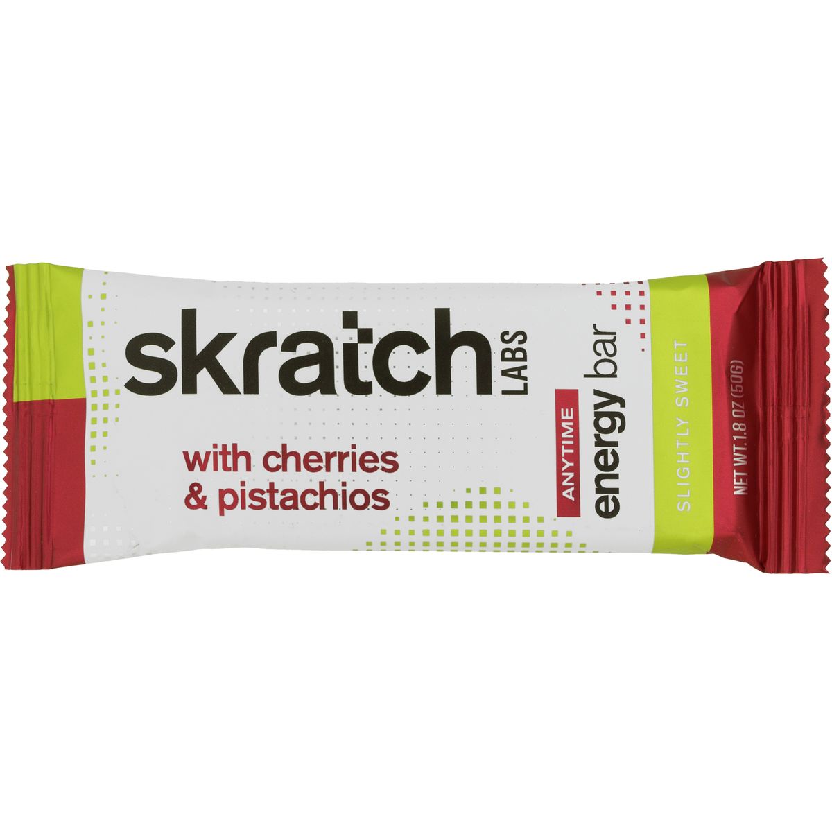 Skratch LABS Anytime Energy Bar in a colorful wrapper, featuring a white background with red and green accents, labeled with "with cherries & pistachios" and "slightly sweet."