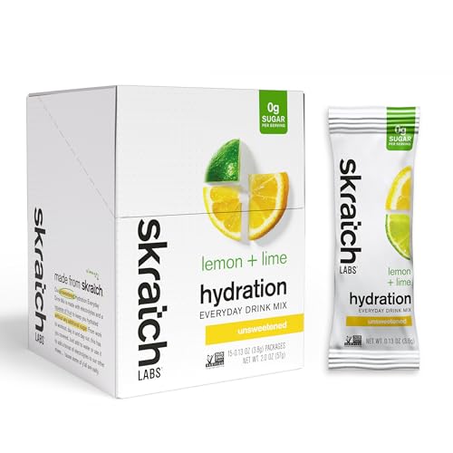 Skratch Labs Hydration Everyday Drink Mix box in white features a lemon and lime graphic, with a 15-pack of individual sachets displayed beside it, highlighting the unsweetened formula.