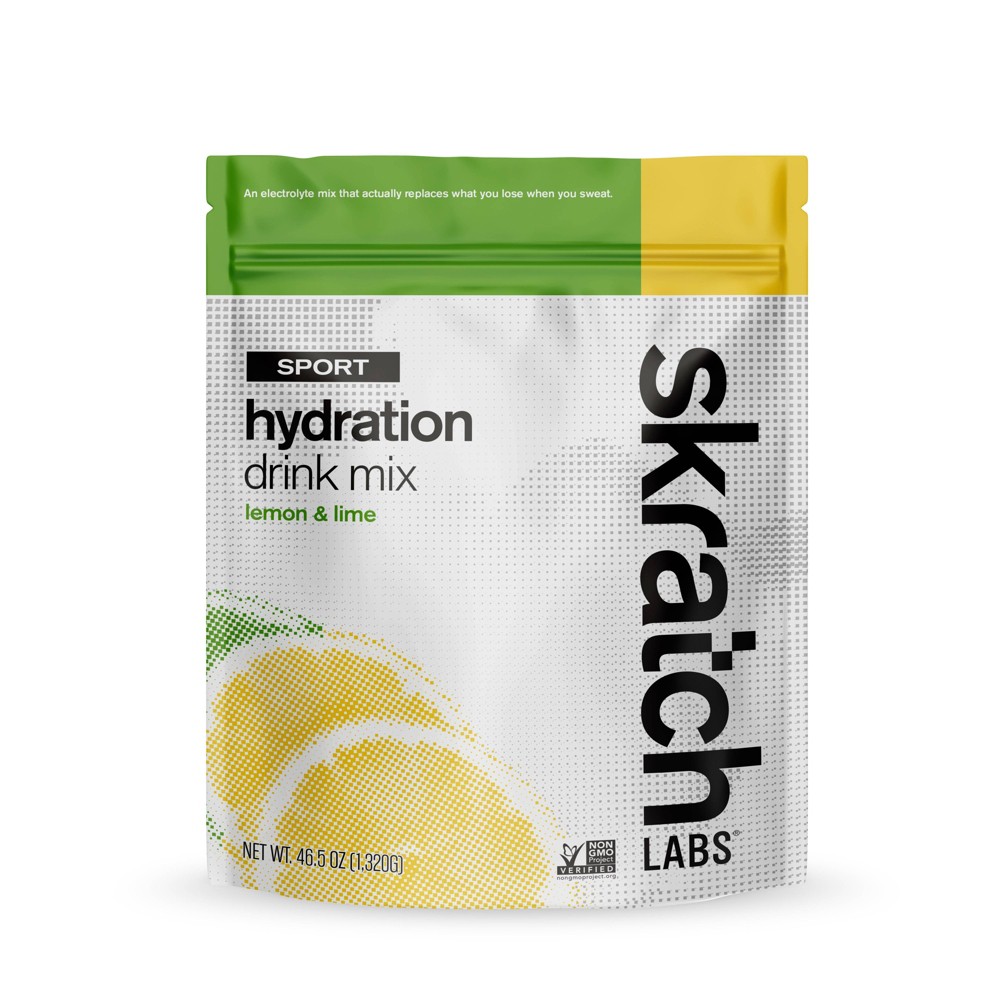 Skratch Labs hydration drink mix in a resealable pouch, featuring a vibrant yellow and green design with lemon and lime graphics, labeled "Sport" and 46.5 oz weight.