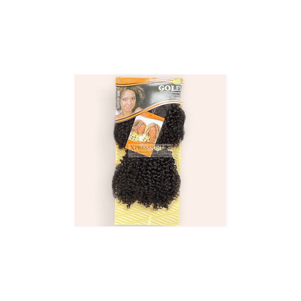 Sleek Bohemian Dora Kinky Curl hair extensions in light brown, featuring tight, defined curls, packaged with a model image and a vibrant yellow background.