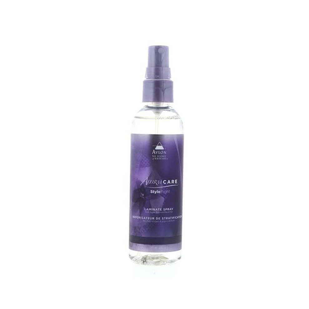 Clear spray bottle with a purple label, featuring the Avlon Affirm logo and product name "Style Right Laminate Spray," 4.0 oz, with a spray nozzle on top.