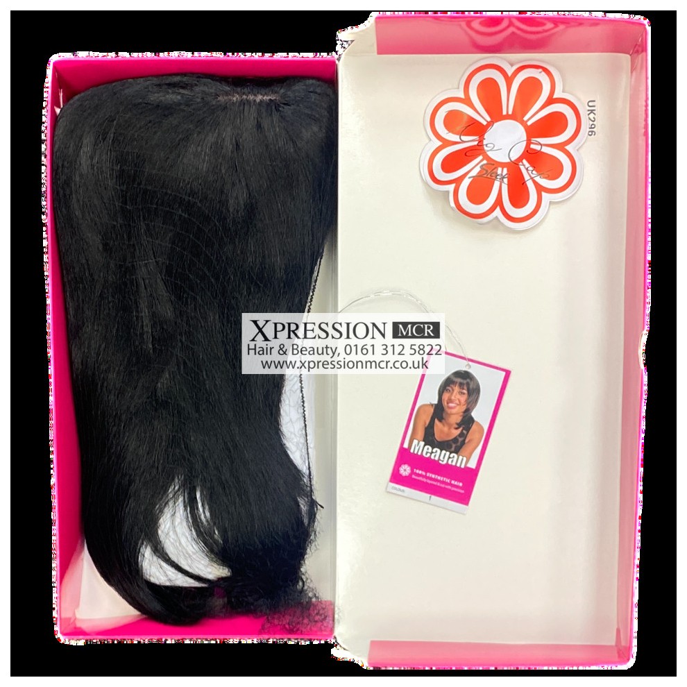 Sleek MEAGAN Smooth Long Bob Face Wig in jet black, 15 inches long, displayed in a pink box with a flower logo and a model card featuring a woman with a similar hairstyle.