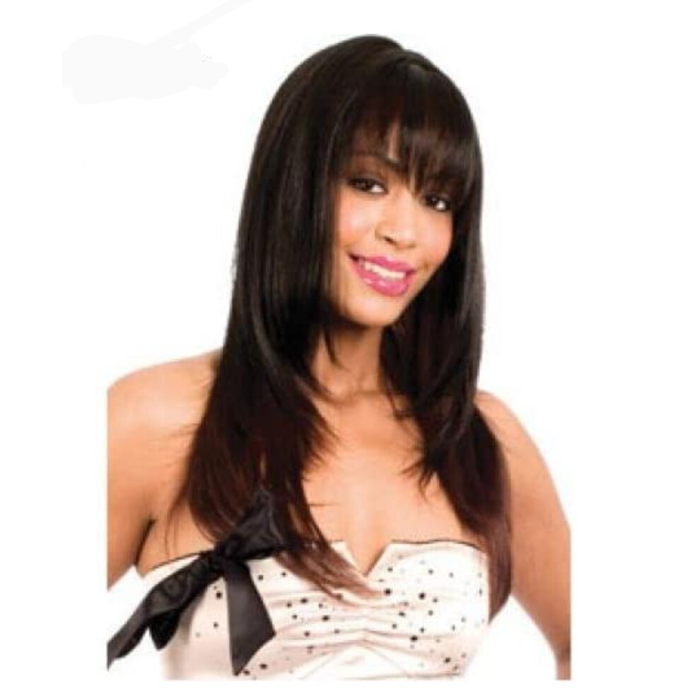 Sleek medium brown synthetic wig featuring a fringe, smooth straight texture, and layered ends, styled for a chic and modern look.