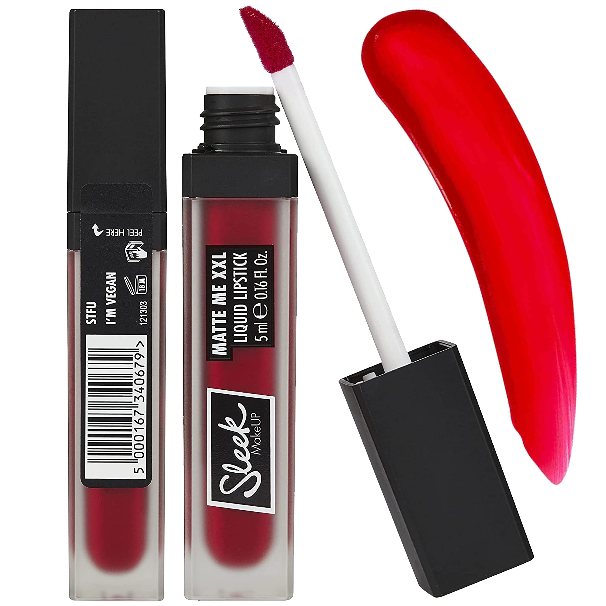 Sleek MakeUP Matte Me XXL Lipstick in shade "STFU," featuring a sleek black tube, a white applicator wand, and a vibrant red liquid swatch.