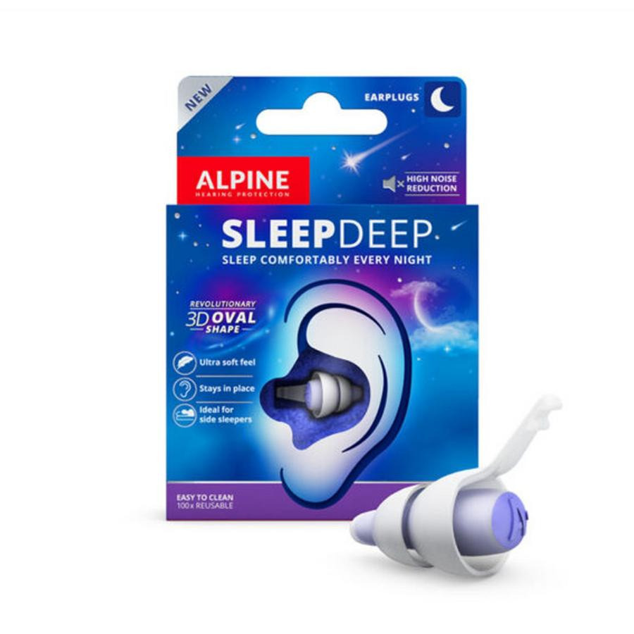 Blue and white packaging for "SleepDeep" earplugs by Alpine Hearing Protection, featuring a 3D oval shape, ultra-soft material, and a side-sleeper design for comfort.