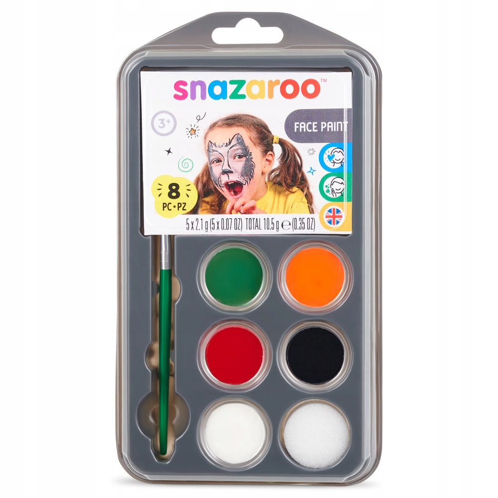 Snazaroo Face Paint Kit featuring eight vibrant colors: green, red, orange, black, white, and two shades of skin tone, along with a brush for easy application, all in a clear plastic case.