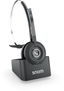 Black Snom A190 DECT multi-cell headset with a sleek design, featuring a padded ear cup, adjustable microphone boom, and a charging dock with the Snom logo.