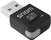 Black Snom A230 DECT USB adapter with a sleek design, featuring a prominent logo and a small LED indicator on the side.