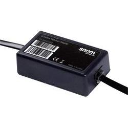 Compact black Snom EHS Advanced adapter with a barcode and connection port, designed for seamless integration with Snom phones.