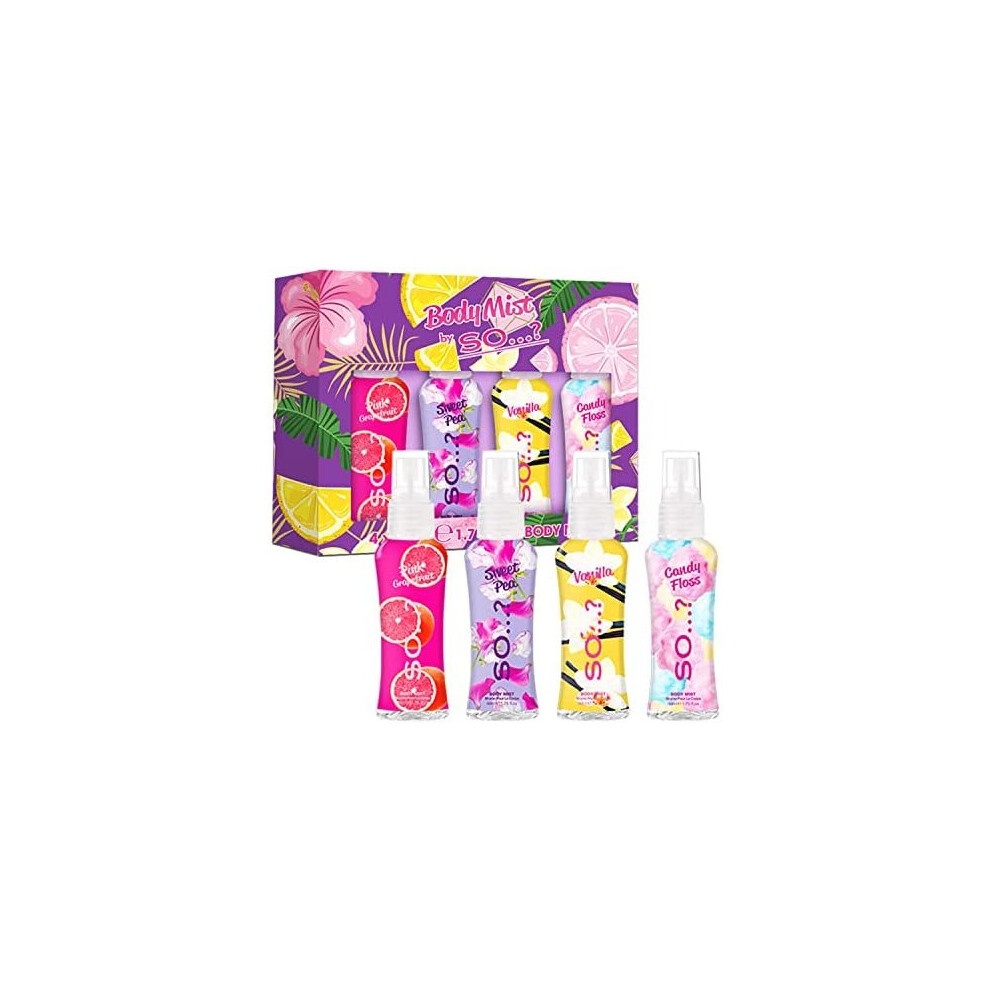 Colorful gift box featuring four travel-sized body mists in clear bottles, each with vibrant floral and fruity labels, set against a tropical background of lemons and flowers.