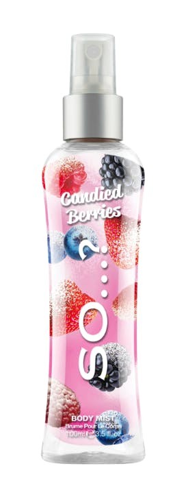 Transparent spray bottle with a pink label featuring colorful images of berries, labeled "Candied Berries Body Mist" in playful font, 100 ml size.