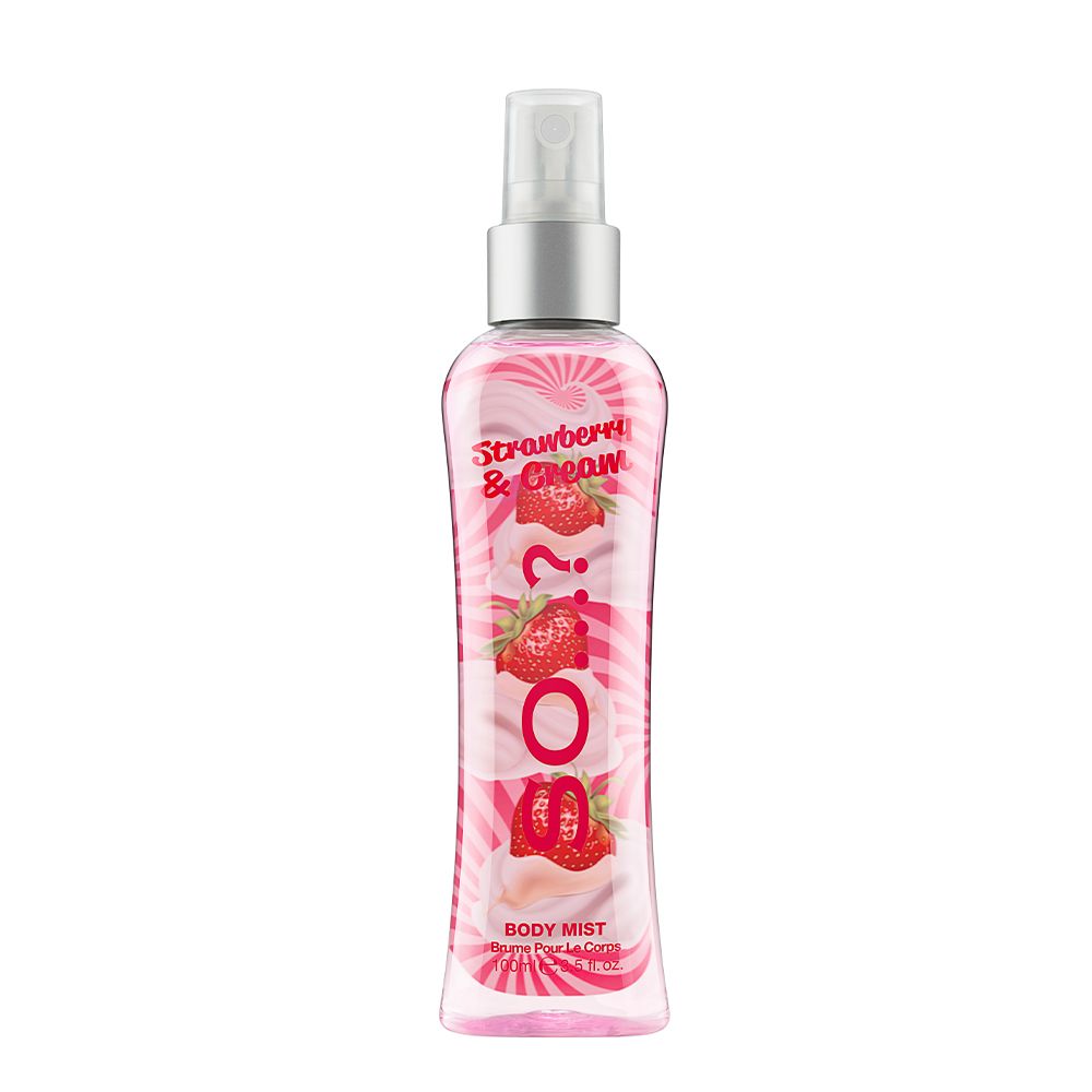 Clear plastic bottle of So...? Strawberry & Cream Body Mist, featuring a pink label with strawberries, a cream swirl design, and a spray nozzle on top.