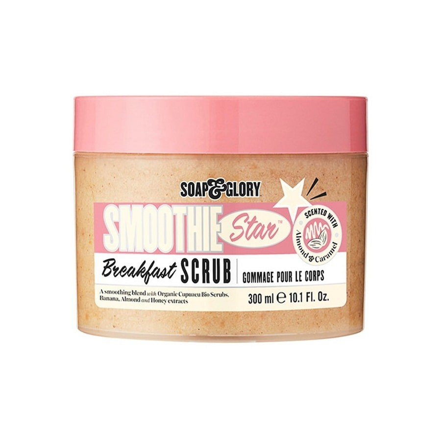 A pink and beige jar of Soap & Glory Peeling Do Stóp, 300 ml, featuring a smooth, textured surface and labeled with "Smoothie Star Breakfast Scrub" in bold lettering.