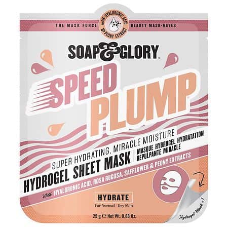 Bright pink packaging with bold white text, featuring "Speed Plump" and "Hydrogel Sheet Mask," adorned with floral graphics and a mask illustration, emphasizing hydration benefits.