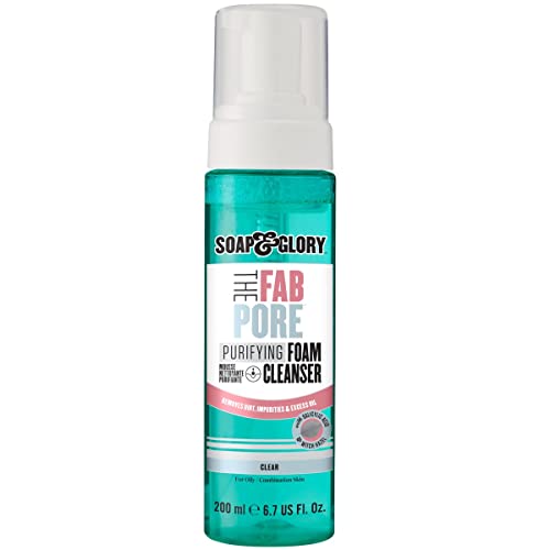 Clear turquoise bottle with a pump dispenser, labeled "THE FAB PORE," featuring pink accents and text, containing 200 ml of foaming cleansing gel by Soap & Glory.