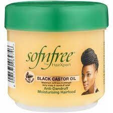 Yellow jar with a green lid labeled "Sofn'Free Black Castor Oil Hairfood," featuring an anti-dandruff claim and an illustration of a woman with a stylish hairdo.